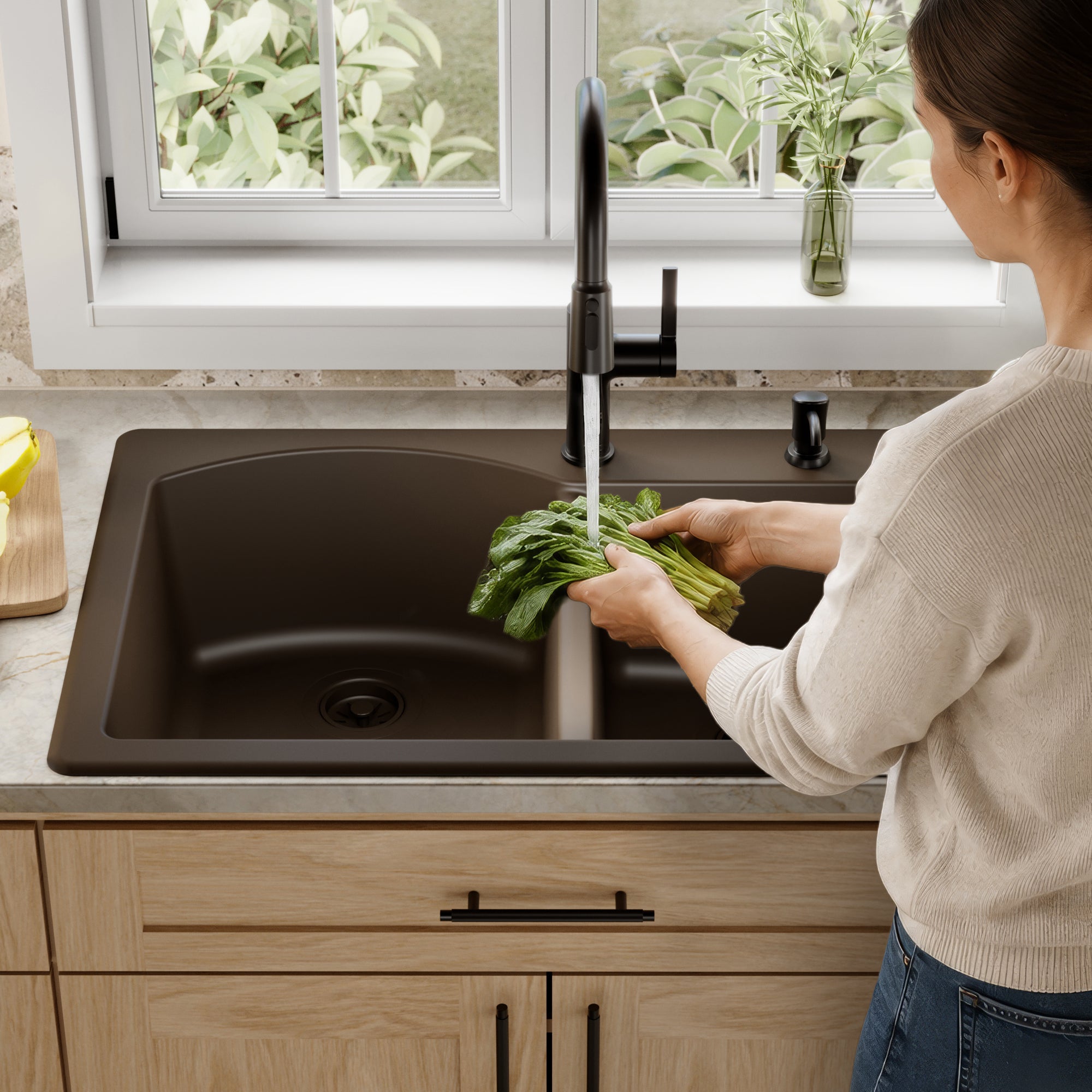 QT-610 Drop-In Quartz Composite 33 in. 1-Hole 60/40 Double Bowl