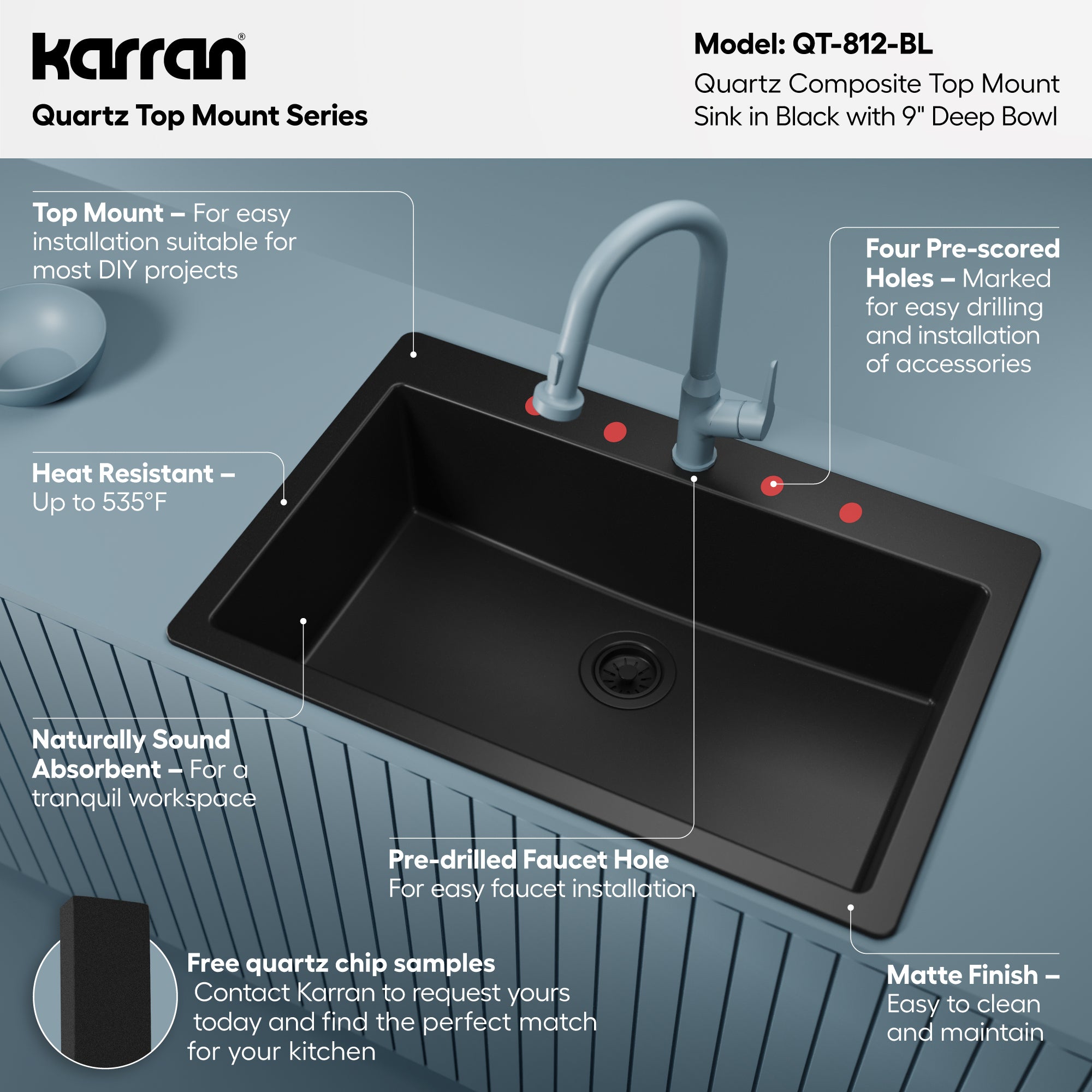 Karran QT-812 Top Mount 33 in. Large Single Bowl Quartz Kitchen