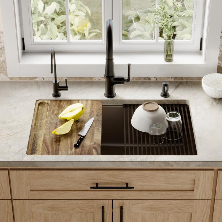 31-3/8" Undermount Large Single Bowl Quartz Composite Workstation Kitchen Sink Kit In Brown