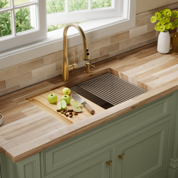 31-3/8" Undermount Large Single Bowl Quartz Composite Workstation Kitchen Sink Kit In Concrete
