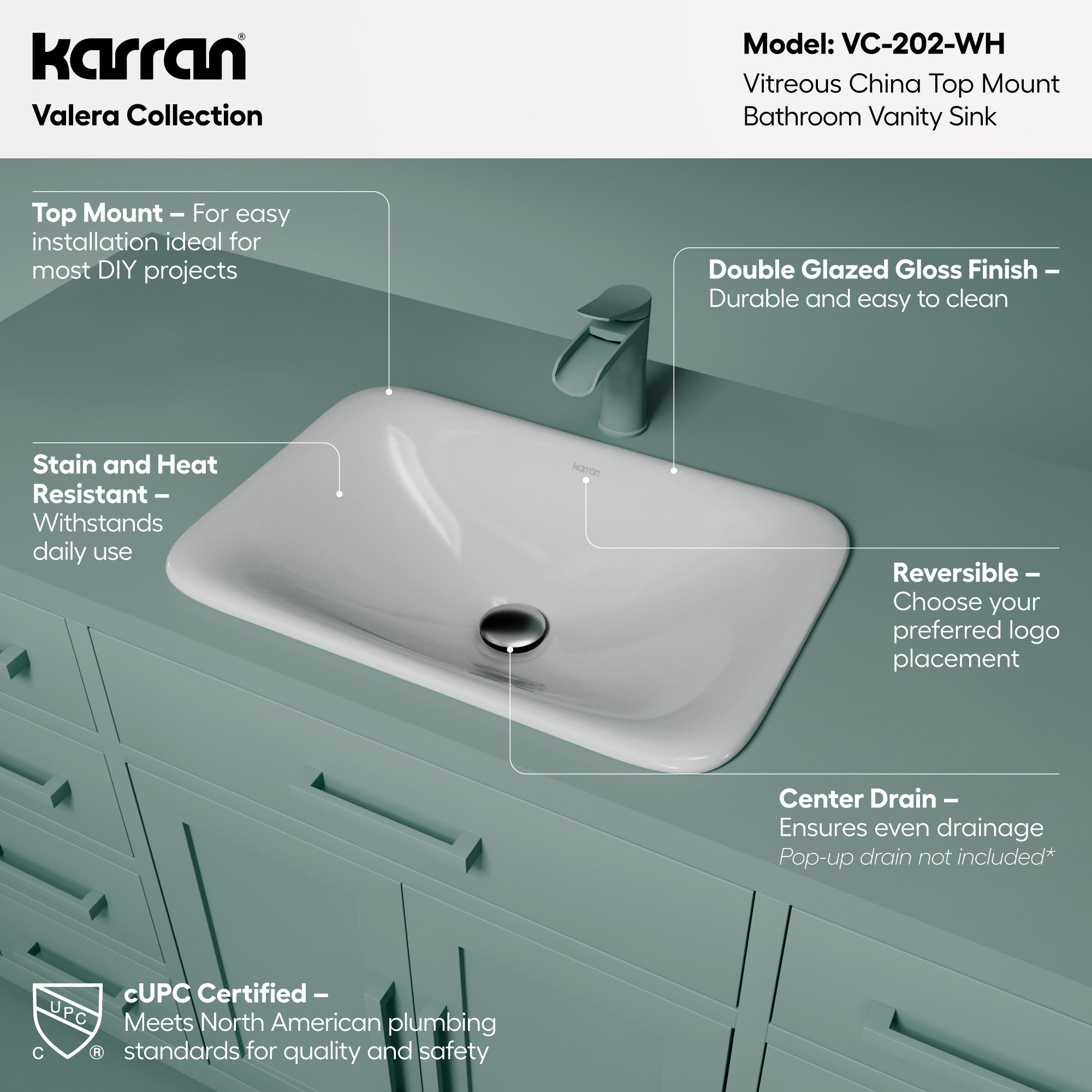 VC-202 Valera Top Mount 21 inch Vitreous China Bathroom Vessel