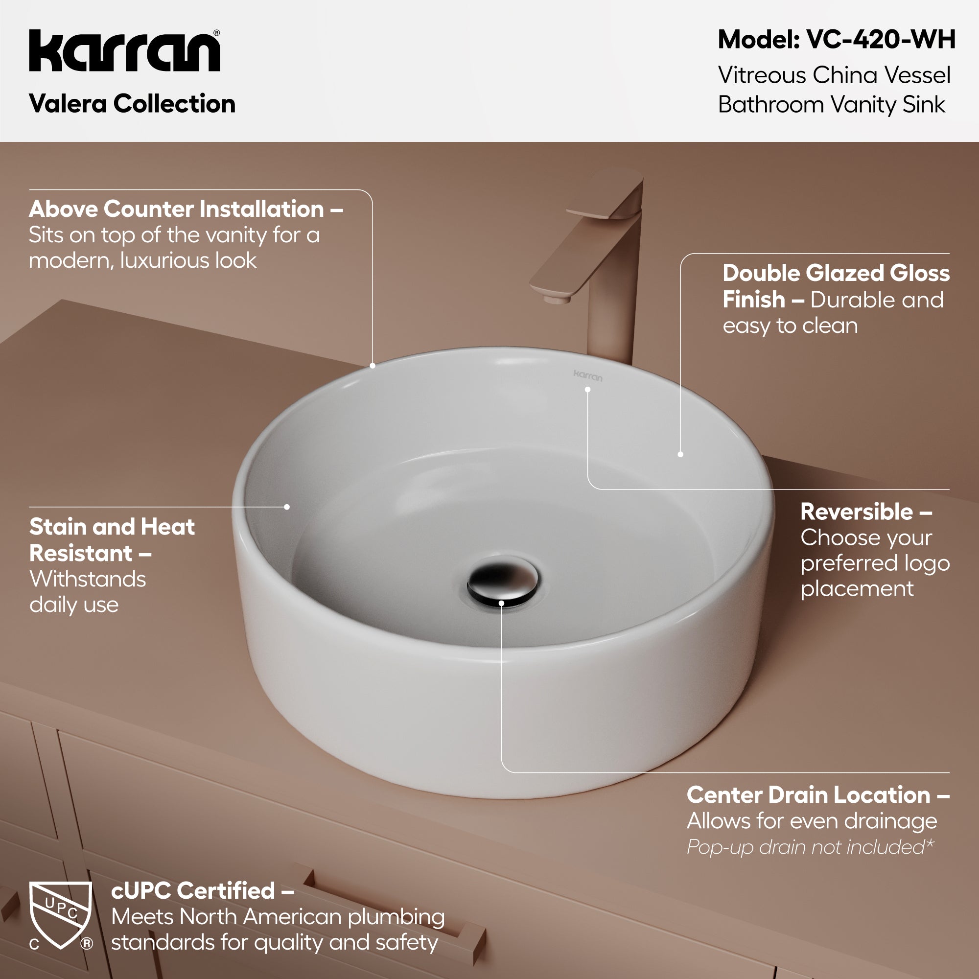 VC-420 Valera 18 inch Vitreous China Bathroom Vessel Sink in White