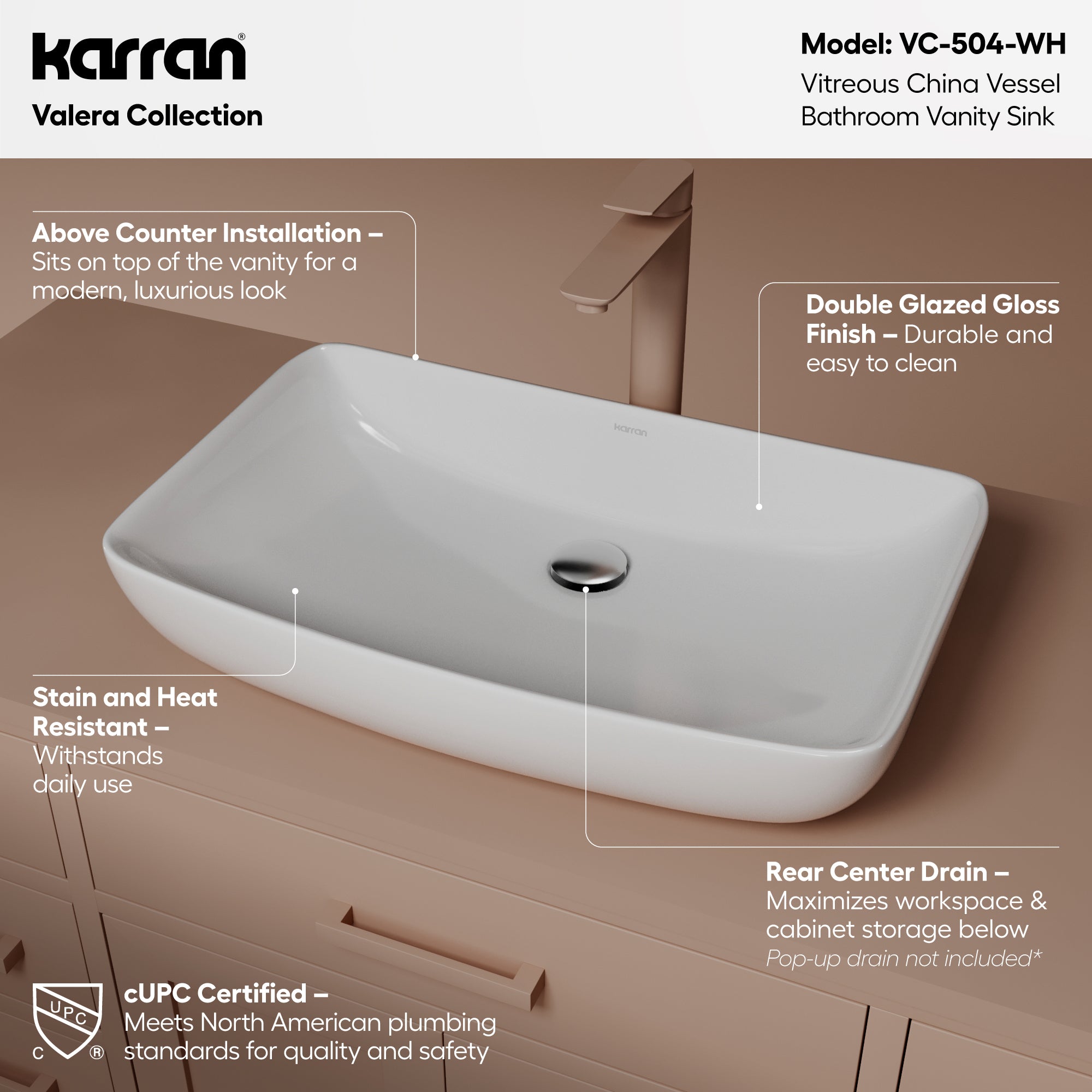 VC-504 Valera 24 inch Vitreous China Bathroom Vessel Sink in White