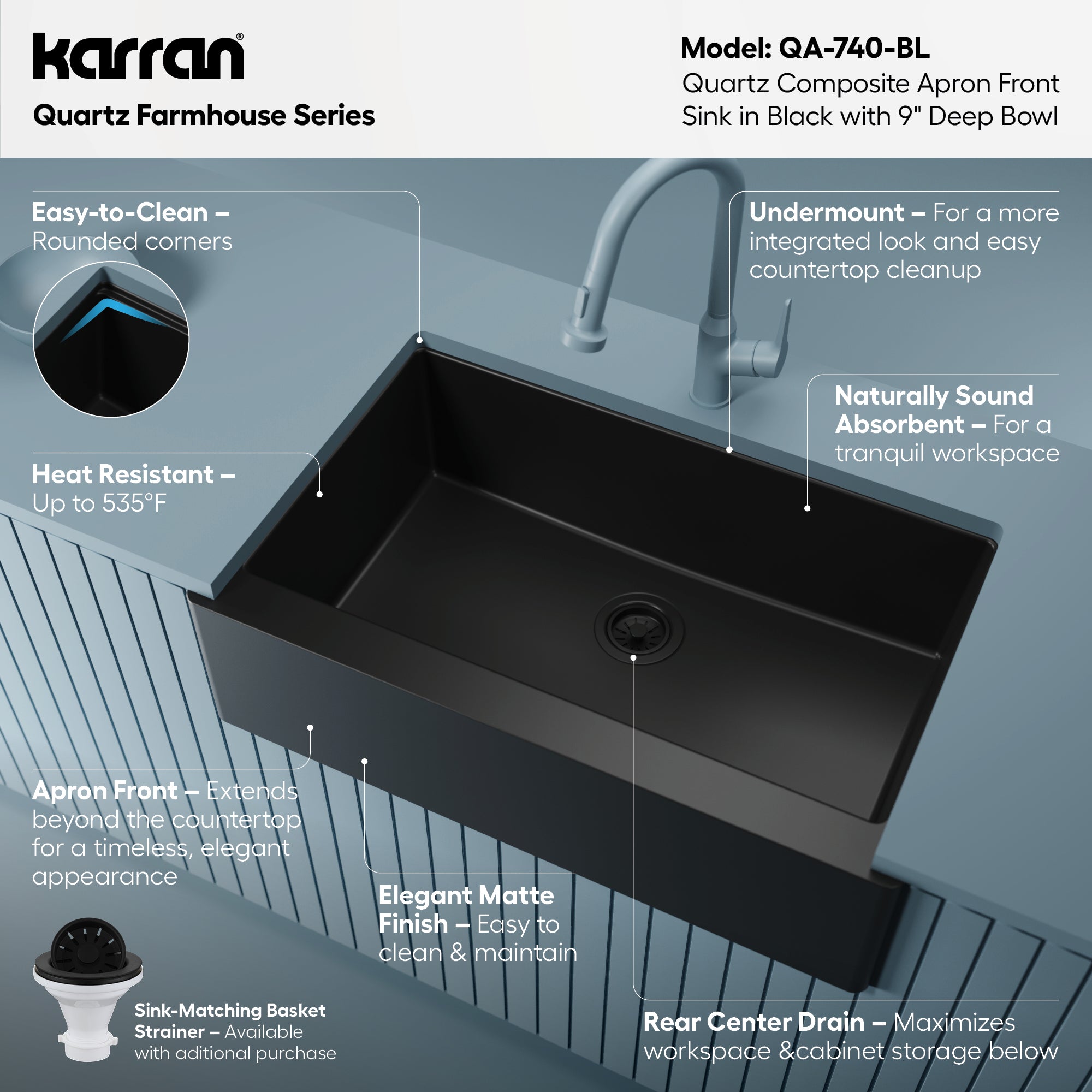Decameron ブラックメタル black l QA-740 Farmhouse/Apron-Front Quartz Composite 34 in. Single Bowl