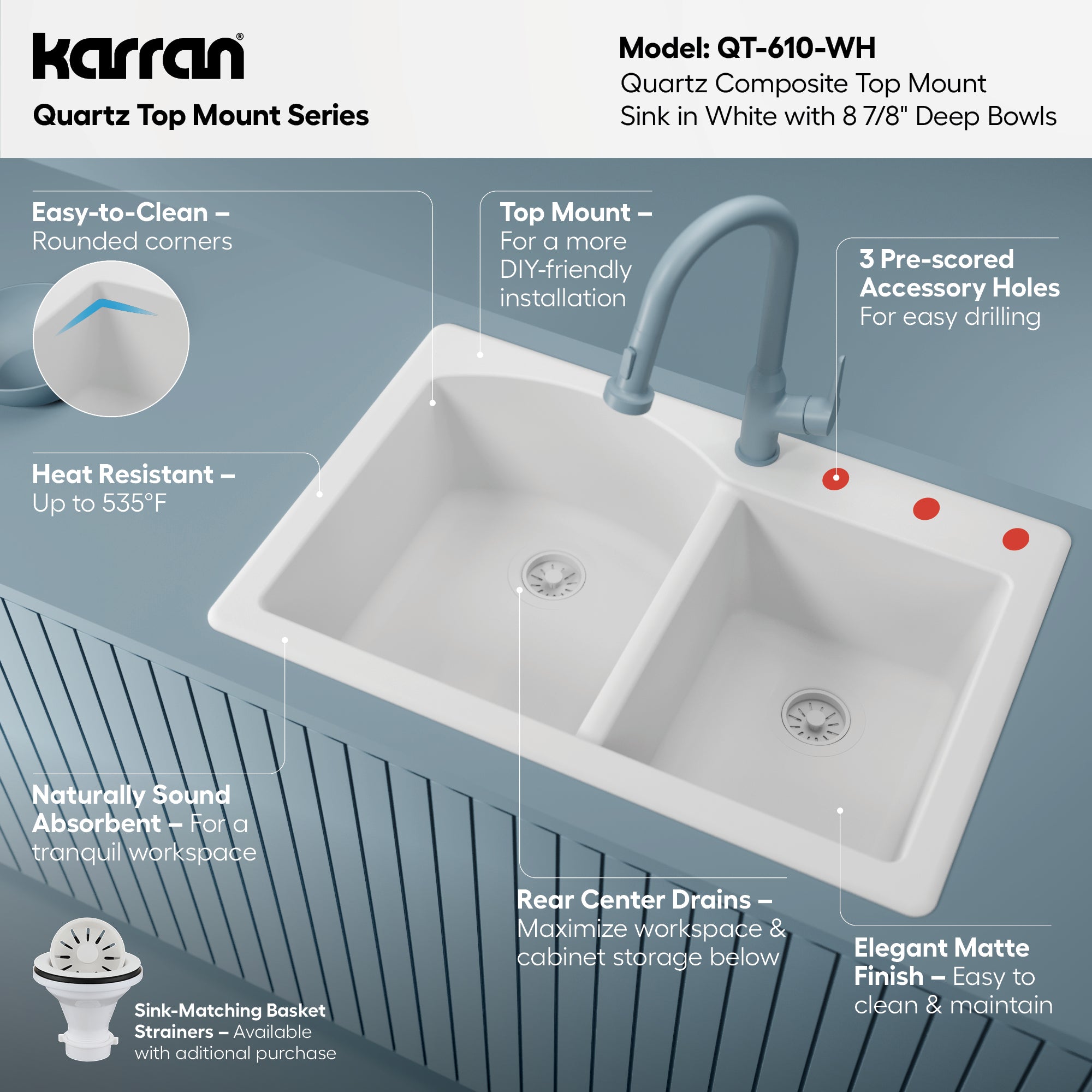 QT-610 Drop-In Quartz Composite 33 in. 1-Hole 60/40 Double Bowl