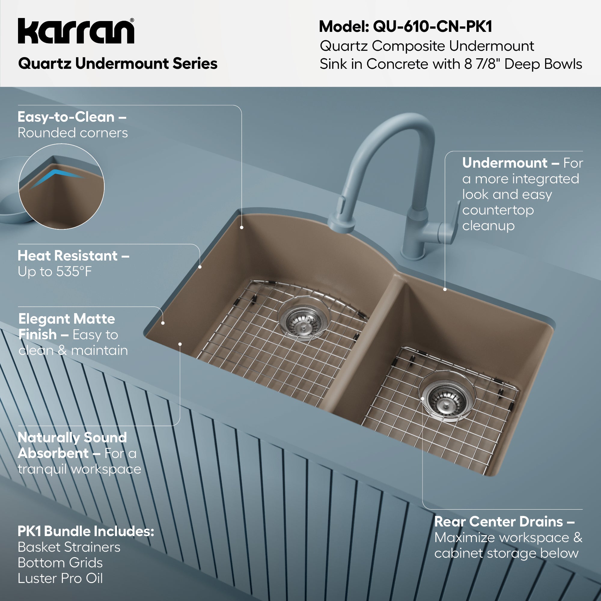 QU-610-Undermount Quartz Composite 32 inch Double Bowl 60/40