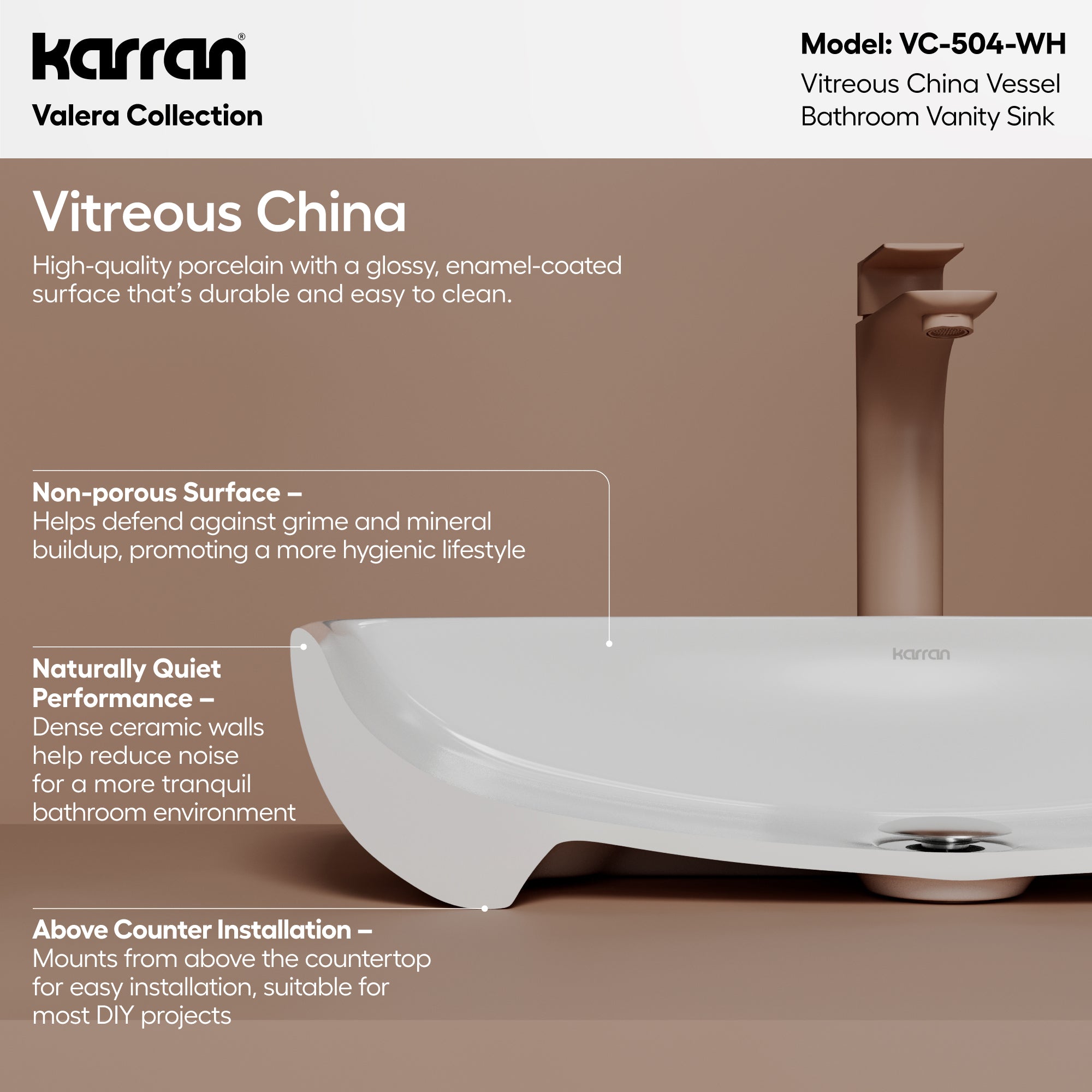 VC-504 Valera 24 inch Vitreous China Bathroom Vessel Sink in White
