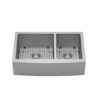 Karran Farmhouse Apron Front Stainless Steel 33 in. Double Bowl Kitchen Sink with Grid and Basket Strainer