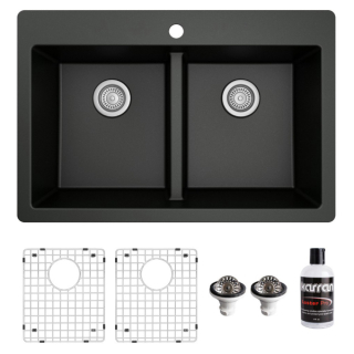 Karran 33" Top Mount Double Equal Bowl Quartz Kitchen Sink Kit in Black