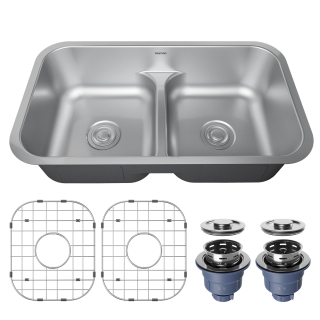 Profile 32” Undermount 18 Gauge Low Divider Double Bowl Stainless Steel Kitchen Sink with Accessories