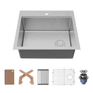 Fusion 25" Top Mount Workstation 16 Gauge Single Bowl Stainless Steel Sink with Accessories