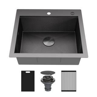 Matrix 25" Top Mount Workstation 16 Gauge Single Bowl Stainless Steel Kitchen Sink in Gunmetal Grey with Accessories