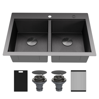 Matrix 33" Top Mount Workstation 16 Gauge Double Bowl Stainless Steel Kitchen Sink in Gunmetal Grey with Accessories