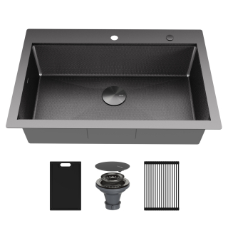 Matrix 33" Top Mount Workstation 16 Gauge Single Bowl Stainless Steel Kitchen Sink in Gunmetal Grey with Accessories