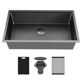 Matrix 32" Undermount Workstation 16 Gauge Single Bowl Stainless Steel Kitchen Sink in Gunmetal Grey with Accessories