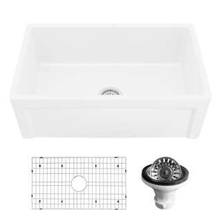 Karran 30" White Single Bowl Panel Front Farmhouse Fireclay Kitchen Sink with Reversible Apron Front