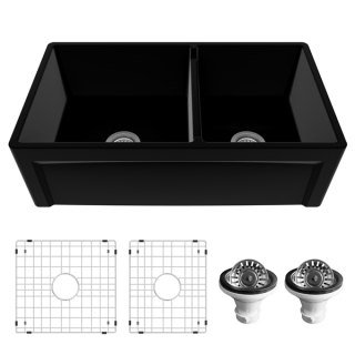 Karran 33" Matte Black Double Bowl Panel Front Farmhouse Fireclay Kitchen Sink with Reversible Apron Front