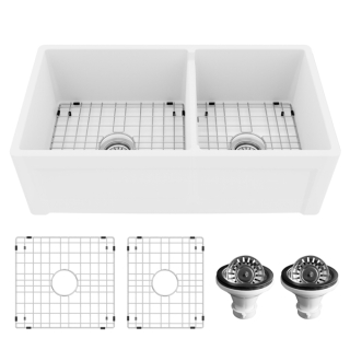 Karran 33" White Double Bowl Panel Front Farmhouse Fireclay Kitchen Sink with Reversible Apron Front