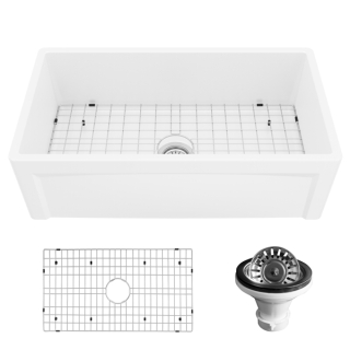 Karran 33" White Single Bowl Panel Front Farmhouse Fireclay Kitchen Sink with Reversible Apron Front