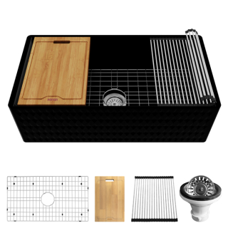 Karran 33" Matte Black Single Bowl Workstation Fireclay Kitchen Sink with Reversible Diamond/Flat Apron Front