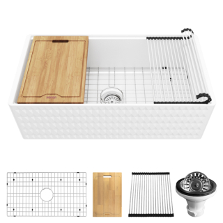 Karran 33" White Single Bowl Workstation Fireclay Kitchen Sink with Reversible Diamond/Flat Apron Front