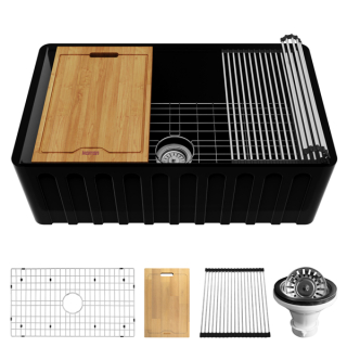 Karran 30" Matte Black Single Bowl Workstation Fireclay Kitchen Sink with Reversible Fluted Apron Front