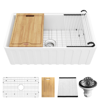 Karran 30" White Single Bowl Workstation Fireclay Kitchen Sink with Reversible Fluted Apron Front