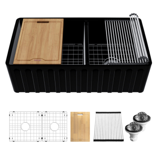 Karran 33" Matte Black Double Bowl Workstation Fireclay Kitchen Sink with Reversible Fluted Apron Front