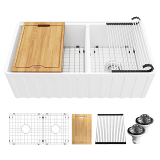 Karran 33" White Double Bowl Workstation Fireclay Kitchen Sink with Reversible Fluted Apron Front