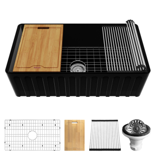 Karran 33" Matte Black Single Bowl Workstation Fireclay Kitchen Sink with Reversible Fluted Apron Front