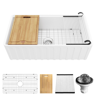 Karran 33" White Single Bowl Workstation Fireclay Kitchen Sink with Reversible Fluted Apron Front