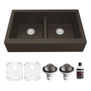 Retrofit Farmhouse Apron Front Quartz Composite 34" Double Bowl Kitchen Sink Kit in Brown