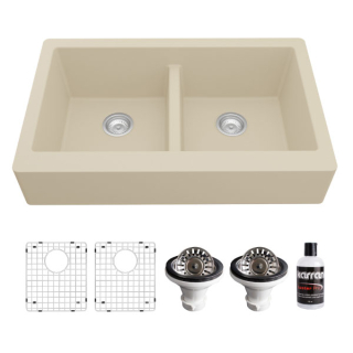 Retrofit Farmhouse Apron Front Quartz Composite 34" Double Bowl Kitchen Sink Kit in Bisque
