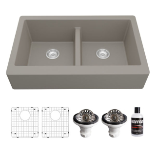 Retrofit Farmhouse Apron Front Quartz Composite 34" Double Bowl Kitchen Sink Kit in Concrete