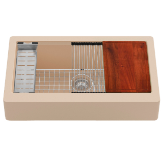 Karran 34" Retrofit Undermount Large Single Bowl Quartz Farmhouse Workstation Kitchen Sink in Bisque