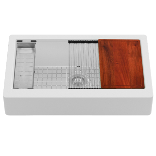 Karran 34" Retrofit Undermount Large Single Bowl Quartz Farmhouse Workstation Kitchen Sink in White