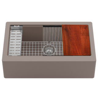 Karran 34" Undermount Large Single Bowl Quartz Farmhouse Workstation Kitchen Sink in Concrete