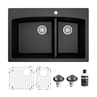Drop-In Quartz Composite 33" 60/40 Double Bowl Kitchen Sink Kit in Black