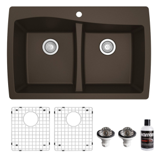 34" Top Mount Double Equal Bowl Quartz Kitchen Sink kit in Brown