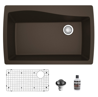 Drop-In Quartz Composite 34" 1-Hole Single Bowl Kitchen Sink in Brown with Grid & Waster Strainer in Stainless Steel