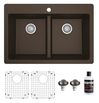 Karran 33" Top Mount Double Equal Bowl Quartz Kitchen Sink Kit in Brown