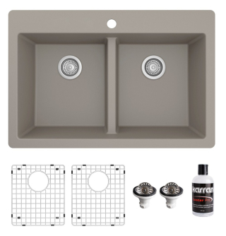 Karran 33" Top Mount Double Equal Bowl Quartz Kitchen Sink Kit in Concrete