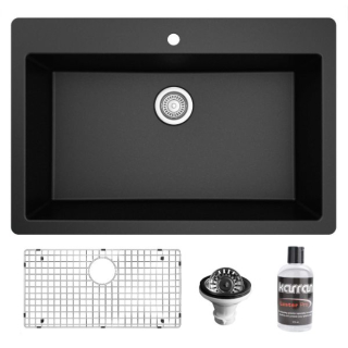 Karran QT-812 Top Mount 33" Large Single Bowl Quartz Kitchen Sink Kit in Black