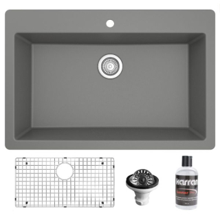 Karran QT-812 Top Mount 33" Large Single Bowl Quartz Kitchen Sink Kit in Grey