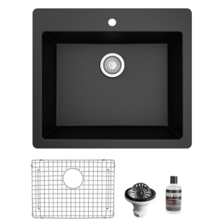 Karran QT-820 Top Mount 25" Single Bowl Quartz Kitchen Sink Kit in Black