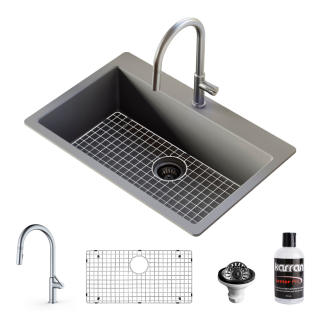 Karran QT-812 Top Mount 33" Large Single Bowl Quartz Kitchen  Sink in Grey With Kitchen Faucet in Stainless Steel