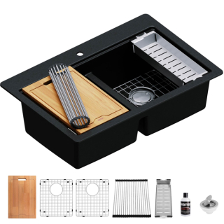 Karran QTWS-880 Drop-in 33" Double Equal 50/50 Bowl Workstation Kitchen Sink in Black