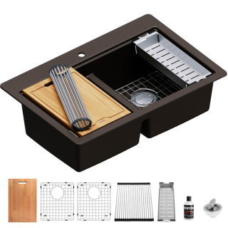 Karran QTWS-880 Drop-in 33" Double Equal 50/50 Bowl Workstation Kitchen Sink in Brown