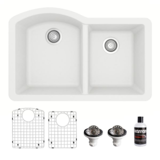 Undermount Quartz Composite 32" 60/40 Double Bowl Kitchen Sink Kit in White
