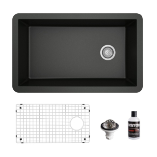 Undermount Quartz Composite 32" Single Bowl Kitchen Sink Kit in Black